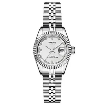 26mm Parnis White dial, diamond Safīra Stikls Datums Dāmas rokas Pulksteņi Royal Rhinestones Japāna Miyota Automātiskā kustības Sieviešu Skatīties
