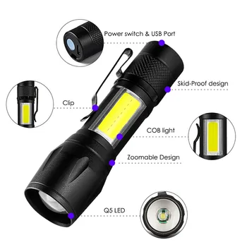 SHENYU Q5 COB LED Mini Uzlādējams Lukturīti, XPE Lāpu USB Tiešās Uzlādes 14500 Akumulatoru Lukturi Kabatas Zoomable Klipu Penlight