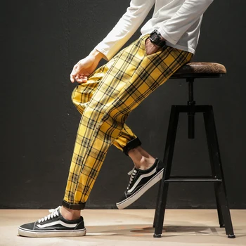 Streetwear Dzeltena Melna Pleds Bikses Vīriešu Joggers 2020. Gadam Cilvēka Ikdienas Taisni Harēma Bikses Vīriešu Korejiešu Hip Hop Dziesmu Bikses Plus Lieluma