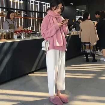 2020 korejiešu versija vilnas taisna caurule plaša kāju bikses sieviešu maigs stils studentu zaudēt pavasara uzvalku jaunu augsto vidukli