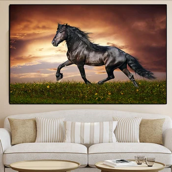 Melna Darbojas Zirgu Dzīvnieku Mūsdienu Eļļas Glezna uz Audekla Plakāti un Izdrukas Cuadros Sienas Art Attēlus Dzīvojamā Istaba