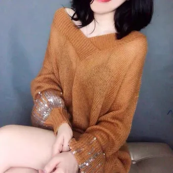 Mohēra V Kakla Garām Piedurknēm Adīts Džemperis Blingbling Sievietēm Zaudēt Korejas Modes Rudens Sākumā Sexy Redzēt Cauri Puloveri
