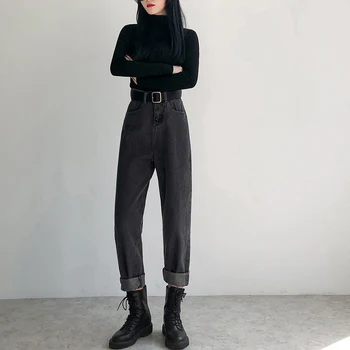 Jauno Modes Melna pelēka Cietā Džinsi Sievieti Iela Valkā Vintage Augsta Vidukļa Džinsa Bikses Sieviete Gadījuma Jean Sieviešu Plus Izmēra