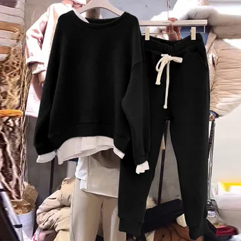 Sieviešu Apģērbu 2021 Viltus divdaļīga Tērpi Sievietēm Izšūšanas Brīvs Džemperis Un Bikses 2gab Komplekti