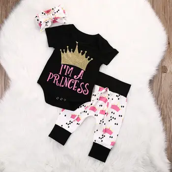 Pudcoco Meitene Komplekts 0-18M Jaundzimušais Meitenes Princess Crown Drukāt Kombinezonus+Bikses+Galvas 3pcs Tērpiem Komplekts
