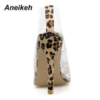 Aneikeh 2019 Jaunā Sieviešu Sūkņi PVC Caurspīdīga ar Augstiem Papēžiem Sexy Norādīja Toe Leopard Graudu Puse Kurpes Lady Plānas Papēžiem Sūkņi, Izmērs 42