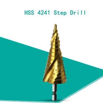 HSS 4241 Kāpnes Urbt 4-32mm Spirālveida Gropes, Soli, Konusveida Urbis Titāna Pārklājumu Hex Kāta Caurumu Griezējs Kāpnes Drill Bits