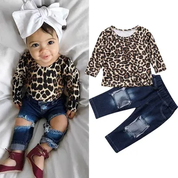 Baby Toddler Meiteņu Drēbes Leopards drukāt apaļu kakla džemperis ar garām piedurknēm Topi Caurumu kabatā, Bikses 2pc bērniem kokvilnas rudens Tērpiem