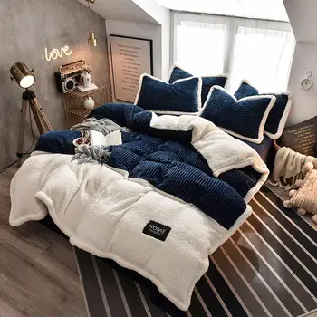 Jaunas samta Vilnas gultas komplekti 4gab svītru sega sedz dzīvoklis aprīkots lapa spilvendrāna ziemas siltas gultas veļa Flaneļa karalis karaliene