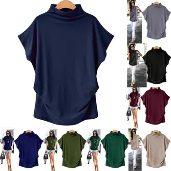 Vasaras T-Krekls Sievietēm ir 2021. JAUNAS Plus Izmērs S-6XL Modes augstu uzrullētu apkakli Kokvilnas Broadcloth Īsām Piedurknēm tīrtoņa Krāsu Gadījuma Top Mujer