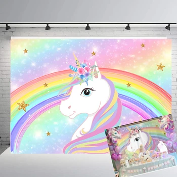 Unicorn Varavīksnes Fons Meitenes Dzimšanas dienas svinības Bērniem Princese Mirdzēt Fona Fotogrāfija Baby Dušas Banner Kūka tabula