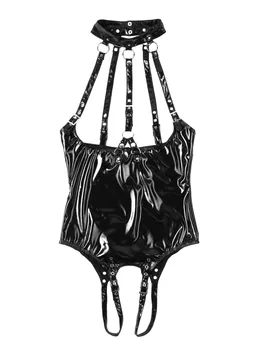 Sieviešu Erotiskā Apakšveļa Crotchless Bodysuit Slapjš Izskatās, Lakādas Pavada Kakla Kailām Krūtīm Sprādze Leotard Bodysuit Naktsveļu