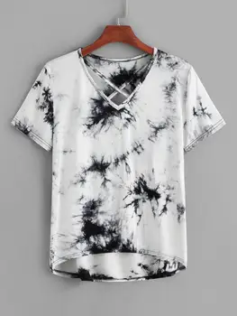 Nodošanas Tie Krāsošanas Criss Cross T krekls 2019 Sieviešu Vasaras Īsām Piedurknēm V-veida Kakla T, Sieviešu t-veida Topi