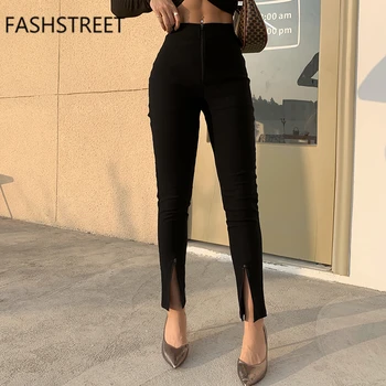 FASHSTREET Sexy Melnu Rāvējslēdzēju Sadalīt Patckwork Stretch Bikses Jaunas 2021 Sievietēm, Augsts Viduklis, Šauri Zīmuli Bikses Gadījuma Streetwear