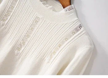 Melns Vai Balts Sieviešu Adīt Džemperis Mežģīņu Izšūšanas Elegants Ar Garām Piedurknēm Augstu Uzrullētu Apkakli Sieviešu Topi