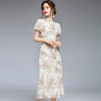Vasaras Vintage Augsta Vidukļa Izšūti Ziedu Kleitu Vestidos Verano Ir 2021. Puff Piedurknēm Pērle Sprādzes Cheongsam Eleganta Kleita K6938