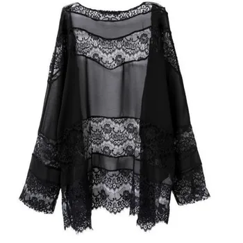 Sieviešu Vasaras Black Izdilis Šifona Viedokļa Kimono Stila Mežģīņu Tukšums Izšūšanas Zaudēt Garām Piedurknēm Šalle Cietā Sieviešu Blūze