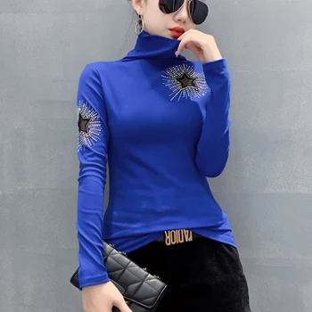 #5772 Zila Melna Kokvilnas Garām Piedurknēm Augstu Uzrullētu Apkakli T Krekls Sievietēm Sexy Dobi No Dimantiem Gadījuma Sieviešu T Slim Elegants Tops
