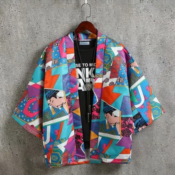 Jaunu Vīriešu Modes Tradicionālā Japāņu Stila Vasaras Plānas Kimono Ukiyo-e Drukāt Jaciņa T Krekls Haori Harajuku Blūze Streetwear