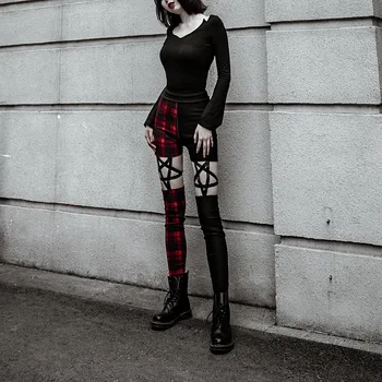Rosetic Sieviešu Black Pleds Bikses Gothic Atdzist Slim Augsta Vidukļa Rāvējslēdzēju Sarkanu Melna Pentagramma Dobi Punk Stila Zīmuli Bikses Rāvējslēdzēju