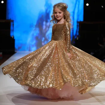 Meitenes Bērniem, Kāzu Puķu Meitene Saģērbt Princess Puse Gājienā Kleitas Zelta vizuļi Ilgi Meitene Kleitas vestido longo 2-12T Pusaudžu