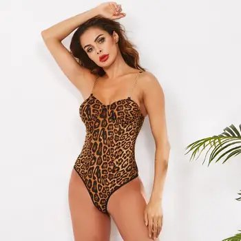 OMSJ Jaunu Modes Leopard Dzīvnieku Iespiesti Bodysuits Metāla Ķēdes Spageti Siksnas Backless Sexy Jumpsuits Sieviešu Rudens Ķermeņa Augšu