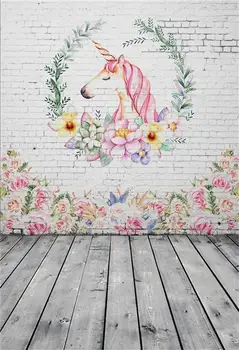 Laeacco Pelēku Ķieģeļu Sienu Unicorn Puse Ziedu Vainags Modelis, Koka Grīda, Baby Bērnu Foto Fona Foto Fons Foto Studija