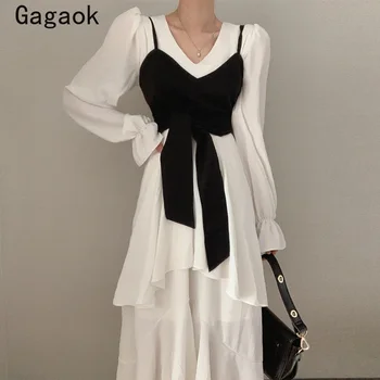 Gagaok Sieviešu Modes Divas Gabals, kas 2021spring Rudens Biroja Jaunā Dāma korejas Šiks Elegants Savvaļas Tērpiem Īss Camis + Midi Kleitas