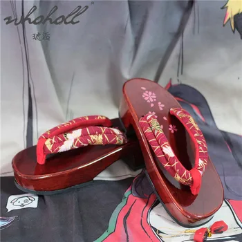 WHOHOLL Gītā Japānas koka tupelēm Sieviešu Čības Flip Flops Koka Ķīlis Sandales Sarkanā Grunts Sakura Drukāt Čības Cosplay apavi