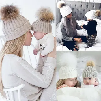 Infant Baby Boy Girl & Mamma Ziemā Adīt Siltas Mīkstas Beanie Cepure Hairball Klp Pieaugušiem Bērniem Ģimenes Atbilstīgiem Cepures Cepures