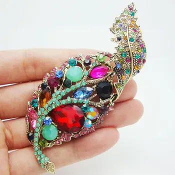 TTjewelry Modes Rotaslietas, Vintage Lapu Multi-color Crystal Rhinestone Zelta Tonis Broša Pin Sieviete Kulons