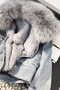 Nekustamā Fox kažokādas biezs silts džinsa parkas sieviešu ziemas modes frēzēšana īstu trušu kažokādas oderējums, noņemams kažokādas polsterēta silts mētelis F504