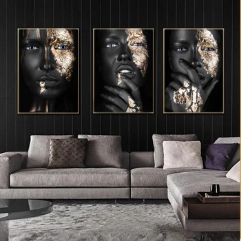 Melnā Zelta Sudraba Pliks Āfrikas Māksla Sieviete, Glezna uz Audekla Cuadros Plakāti un Izdrukas Skandināvijas Sienas Attēlu Dzīvojamā Istaba