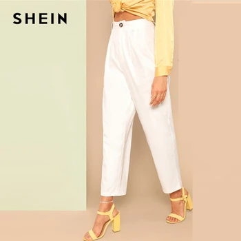 SHEIN Balts Buttoned Priekšā Taisnu Kāju Bikses Sieviešu Pavasara Gadījuma Elegantas Bikses Rāvējslēdzēju Lidot Cietā Vidū Vidukļa Kultūraugu Bikses