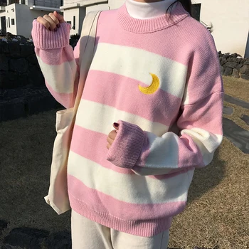 Sieviešu Džemperi Kawaii Ulzzang Koledžas Konfektes Krāsu Svītras Mēness Komplekti Izšūšanas Džemperis Sieviešu Harajuku Apģērbi Sievietēm Lady