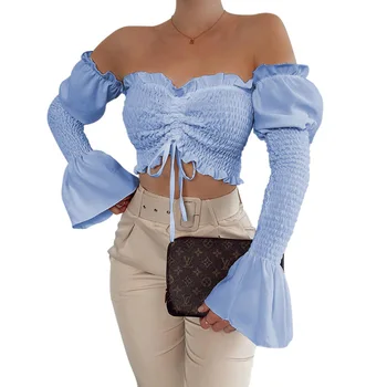 Blūze Sievietēm vienkrāsainu Kreklu sexy vārdu plecu Topi Mīļotā Izgriezums Laternu Piedurknēm Ruched Blūze Baltā Blusas Vintage