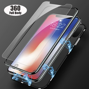 Luksusa 360 Pilna Ķermeņa Lietā Par iPhone XR Gadījumā 7 8 Plus X 10 XS Max Caurspīdīga Stikla Vāks iPhone 7Plus 8Plus Magnētisko Gadījumā