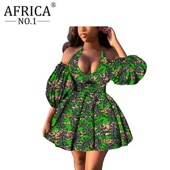Sexy Pavada Puse Kleita Āfrikas drukāt Augstā vidukļa Pie pleca Laternu Piedurknēm Ankara stila Vasks, kokvilnas Plus lieluma Apģērbu S2025067