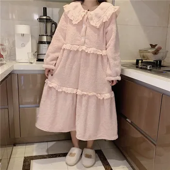 Sieviešu ziemas korejiešu princeses stilā salds nightdress garām piedurknēm Coral Fleece mežģīņu naktskrekls gulēšanai kleita bieza homewear L203