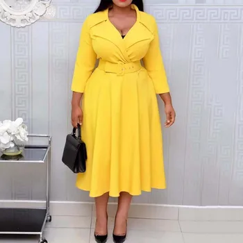 Retro Rudens Dziļu V Puse Kleita Sievietēm Midi Kleitas Āfrikas Modes Vintage Pelēks, Dzeltens Elegantas Drēbes Plus Izmēra Vestido 2020 Jaunas