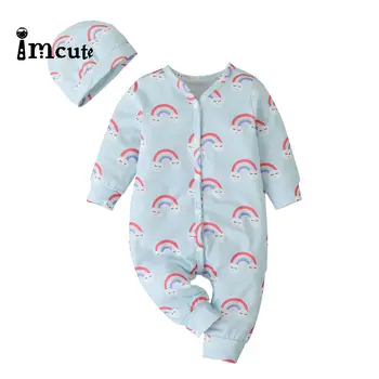 Modes Svītrainām Varavīksnes drukas baby girl romper Toddler garām piedurknēm Kokvilnas Jaundzimušā jumpsuit playsuit un cepure, apģērbs, apģērbu komplekts