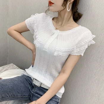 Vasaras korejiešu Stilā, Adīt T-krekls Raibs Modes O-veida Kakla Spilgti Ruffles Sieviešu Topi Ropa Mujer Gadījuma Īsām Piedurknēm Tees T08120L