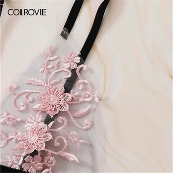COLROVIE Ziedu Mežģīņu Prievīte Apakšveļas Komplekts Ar sānslīdi kaklasaite, Sievietēm, Izšuvumi Acs Rozā Intimates 2019 Bralettes Cietā Sexy Bra Komplekti