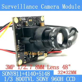 32*32mm Mini Novērošanas kameru 800TVL 1/3 Effio CCD Sony 811+4140+5148 CCTV kameras moduli,3MP+8mm objektīvs+BNC/OSDCable