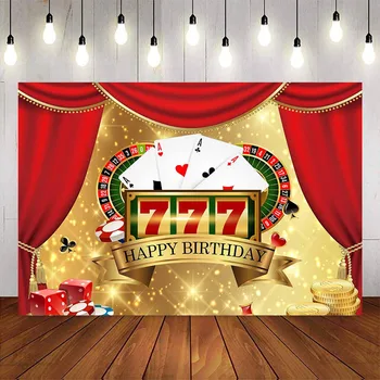 Happy birthday kazino puse fona zelta mirdzums partijas apdare Las Vegas dzimšanas dienas fons foto studija sarkano aizkaru