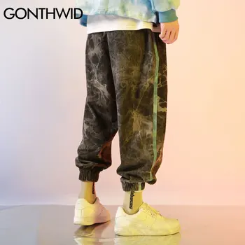 GONTHWID Izšuvumi Pusē Lenti Kaklasaiti Krāsošanas Joggers Harēma Kravas Bikses Streetwear Harajuku Hip Hop Gadījuma Baggy Bikses Vīriešu Bikses