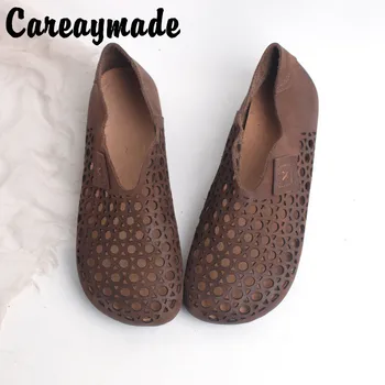 Careaymade-Oriģinālā retro roku darbs, pilna ādas caurumu sandales sieviešu vasaras tukšums, Baotou dzīvoklis ādas kurpes sieviešu kurpes
