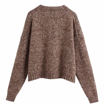 Jaunā sieviešu vintage v kakla jauktu krāsu adīšanas džemperis sieviešu pamata garām piedurknēm jaka džemperi šiks atpūtas kabatas topi S245