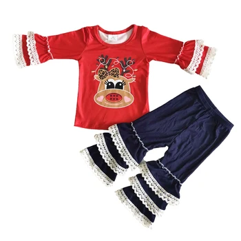 Jaunas Ielidošanas Ziemas garām Piedurknēm Apģērbs Augstas Kvalitātes Meitene Briežu Rakstu Top un Džinsa Bikses komplekts Bērniem, Ziemassvētku Tērpiem