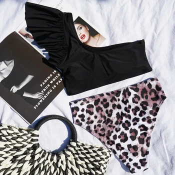 Leopards drukāt apakšā peldkostīmi Viens plecu augšu bikini 2020. gadam Augstā vidukļa peldkostīmu sieviešu Īsas mežģīņu peldkostīms Sexy biquini